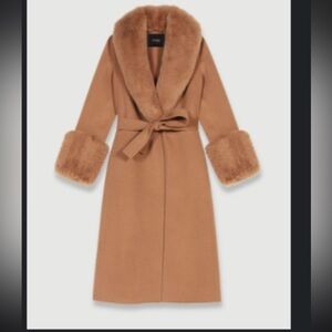 Maje Tan Faux Fur Trimmed Coat